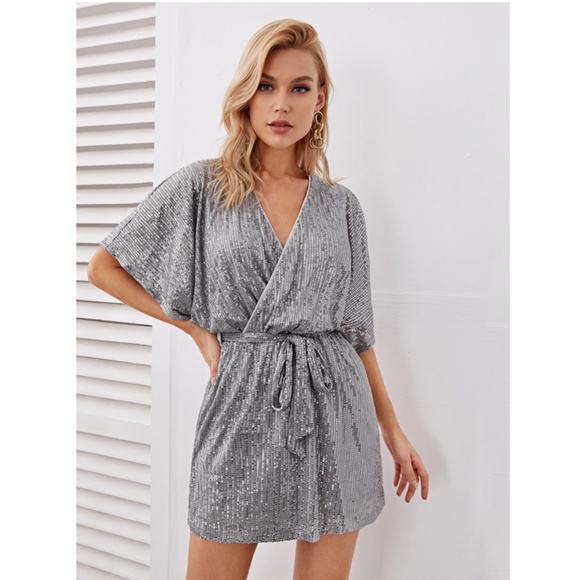 Rouge! Dresses & Skirts - All Over Sequin Silver V-Neck Belted Mini Dress